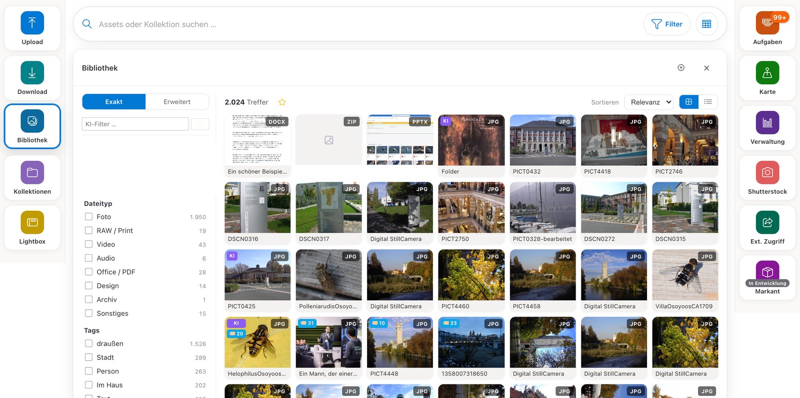 Bibliotheksansicht des D'AI DAM: links Facetten nach Dateityp und Tags, rechts ein Raster mit Vorschaubildern, oben die Suchleiste.