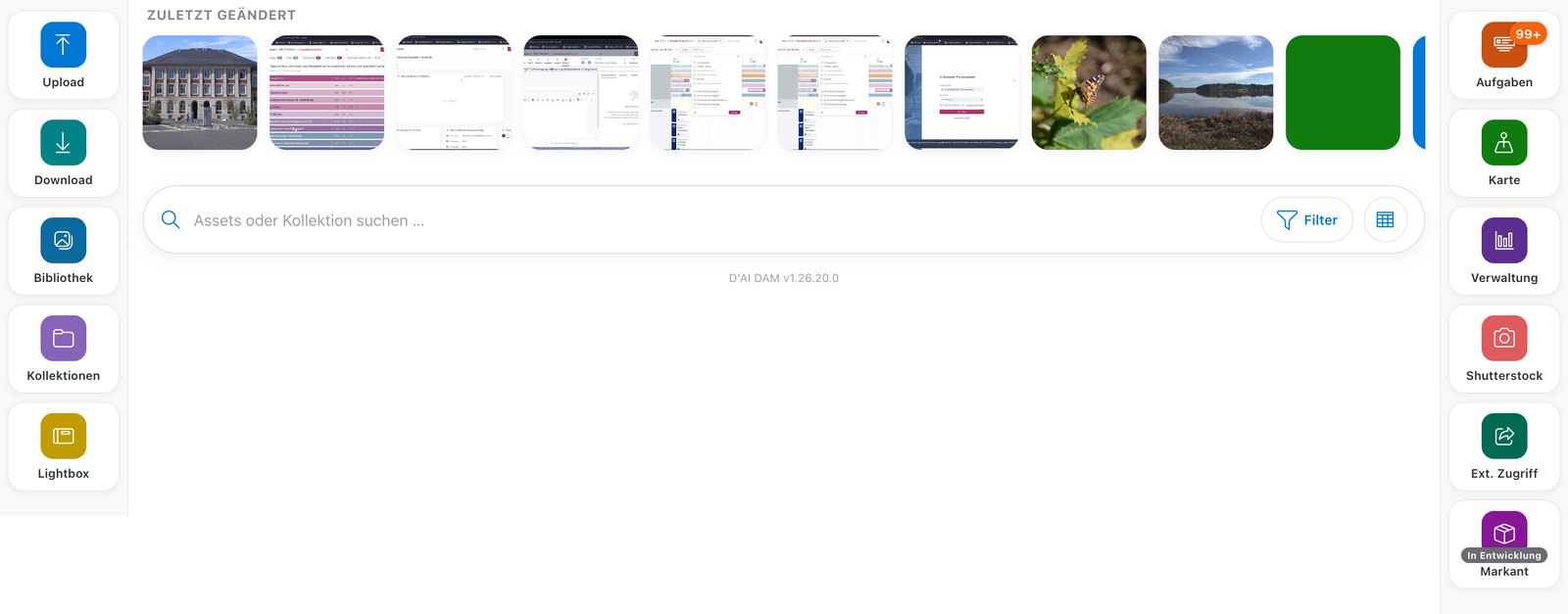 Startseite des DAM mit Kacheln für Upload, Download, Bibliothek, Kollektionen und Lightbox links sowie Aufgaben, Karte, Verwaltung und externem Zugriff rechts.